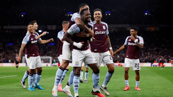 Aston Villa's Jhon Duran celebrates scoring their first goal with teammates. Photo: Reuters