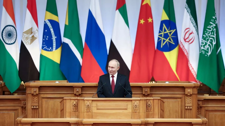 Russian President Vladimir Putin speaks at the BRICS Parliamentary Forum in Saint Petersburg, Russia July 11, 2024. Valeriy Sharifulin/Host Photo Agency BRICS-RUSSIA2024.RU/Handout via REUTERS/File Photo