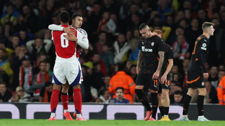 Arsenal's Gabriel Martinelli and Gabriel Magalhaes celebrate their first goal, an own goal scored by Shakhtar Donetsk's Dmytro Riznyk. Photo: Reuters