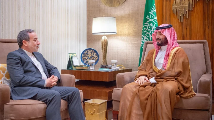 Saudi Crown Prince Mohammed bin Salman (right) meets Iranian Foreign Minister Abbas Araghchi in Riyadh, Saudi Arabia on October 9. Saudi and Iranian officials have met three times in one month. Bandar Algaloud/Saudi Royal Court/Anadolu/Getty Images