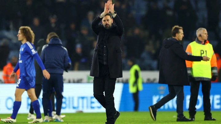 Leicester City manager Ruud van Nistelrooy celebrates after the win against West Ham United. Photo: Reuters