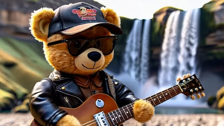 A screenshot from an example video generated by Amazon Nova, with the prompt: 'A teddy bear in a leather jacket, baseball cap, and sunglasses playing guitar in front of a waterfall'. Image: Amazon Web Services official YouTube channel