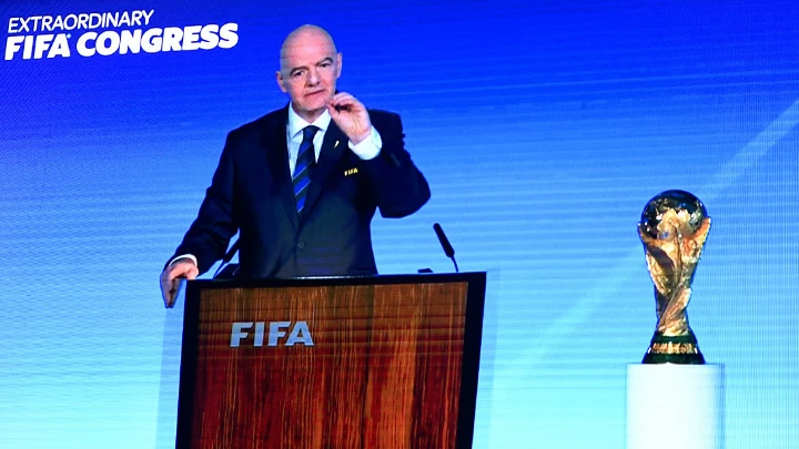 A speech by President of FIFA Gianni Infantino is broadcasted on a screen during a ceremony in the capital Riyadh on December 11, 2024, as the FIFA Congress votes for the hosting rights for the 2034 World Cup with Saudi Arabia being the sole candidate. Photo: AFP