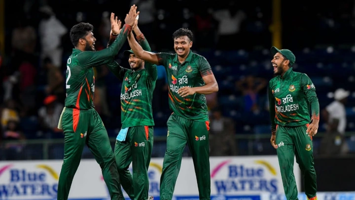 Taskin Ahmed and his teammates celebrate a West Indies dismissal. Photo: Windies Cricket