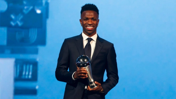 Brazilian forward Vinicius Junior poses with the Best Player trophy during the Best FIFA Football Awards 2024 ceremony in Doha on December 17, 2024. Photo: AFP