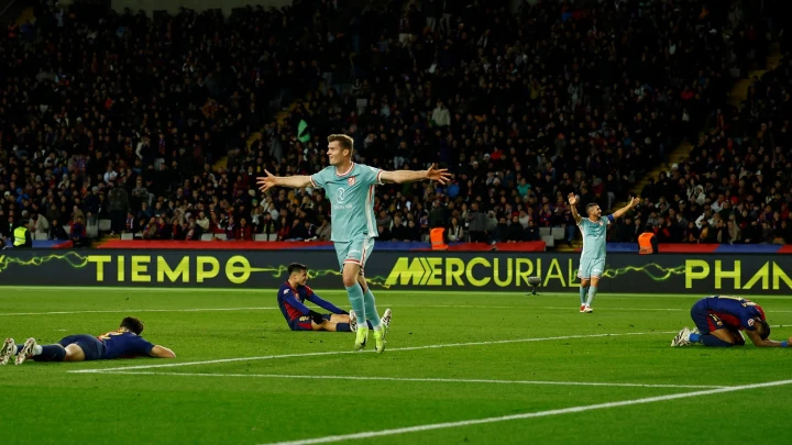 Atletico Madrid's Alexander Sorloth celebrates after scoring their second goal against Barcelona. PHOTO: REUTERS