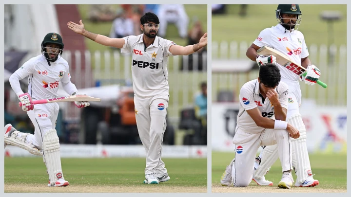 Pakistan's Abrar Ahmed (R) makes an unsuccessful leg before wicket appeal against Bangladesh's Mushfiqur Rahim (L) during the fifth and final day of the second and last Test cricket match between Pakistan and Bangladesh, at the Rawalpindi Cricket Stadium in Rawalpindi on September 3, 2024. Photo: AFP