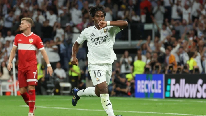 Real Madrid's Brazilian forward Endrick celebrates after scoring his team's third goal during the UEFA Champions League 1st round match against Stuttgart VFB at the Santiago Bernabeu stadium in Madrid on September 17, 2024. PHOTO: AFP