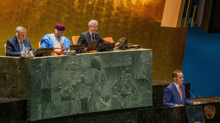 Qatar's Prime Minister and Foreign Minister Sheikh Mohammed Bin Abdulrahman Al-Thani addresses the "Summit of the Future" in the General Assembly Hall at United Nations Headquarters in New York City, U.S., September 22, 2024. REUTERS/David Dee Delgado