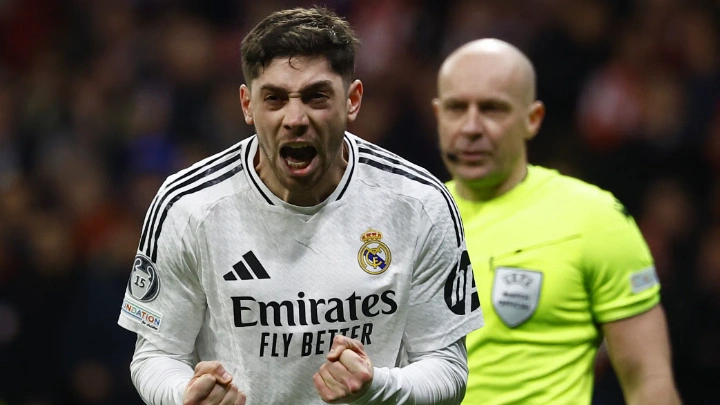 Real Madrid's Federico Valverde celebrates scoring a penalty during the penalty shootout. Photo: Reuters