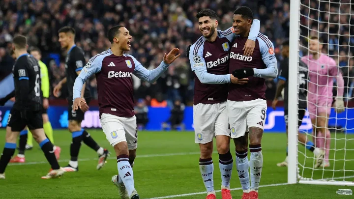 Aston Villa's Marco Asensio celebrates scoring their third goal with Aston Villa's Marcus Rashford and Aston Villa's Youri Tielemans. Photo: Reuters